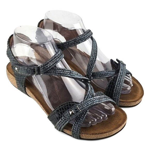 Taos Sandal Strappy Grey Leather Braided Low Cork Wedge Sole Size 7- 7.5 - Picture 2 of 16